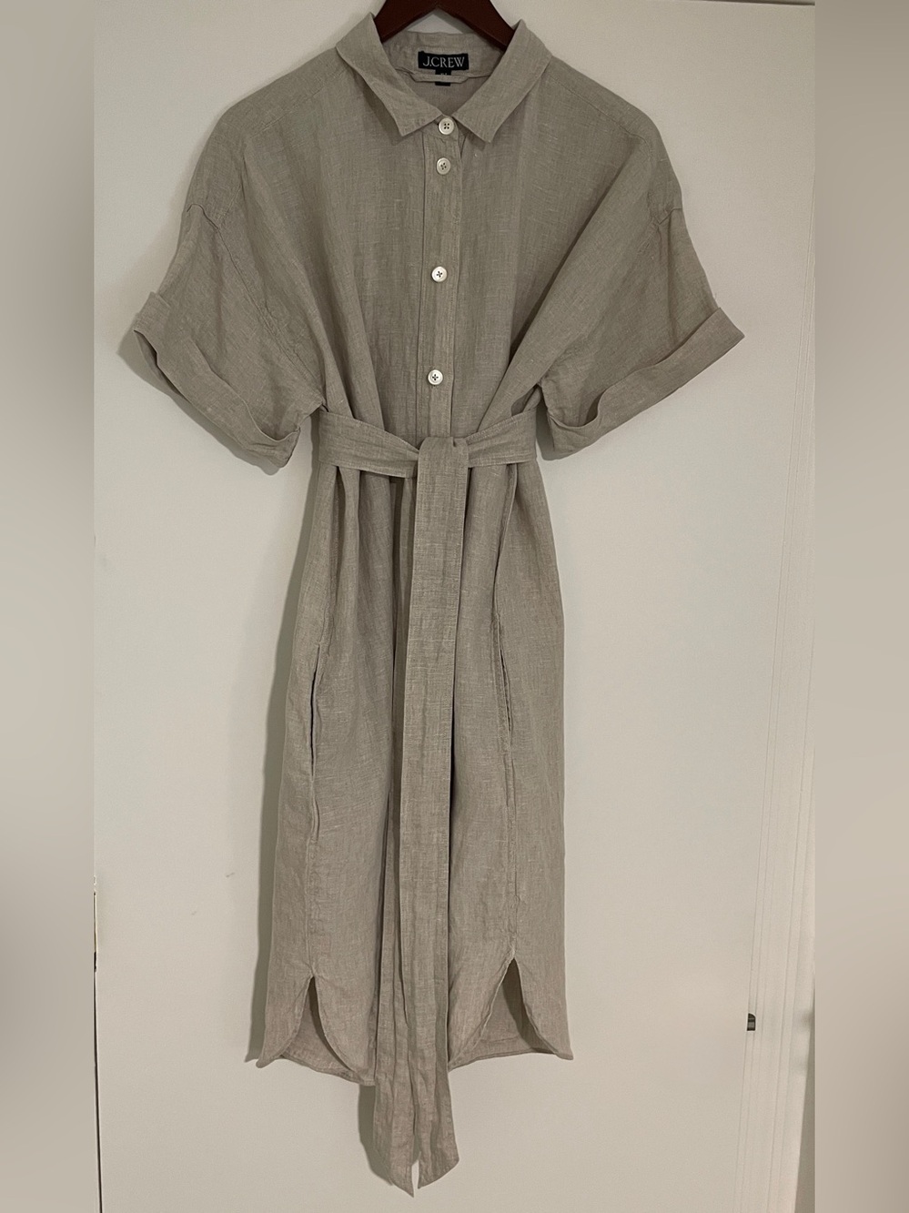 J. Crew Capitaine Taupe Beige Linen Midi Shirt Dress with Tie Belt. Women's XLT